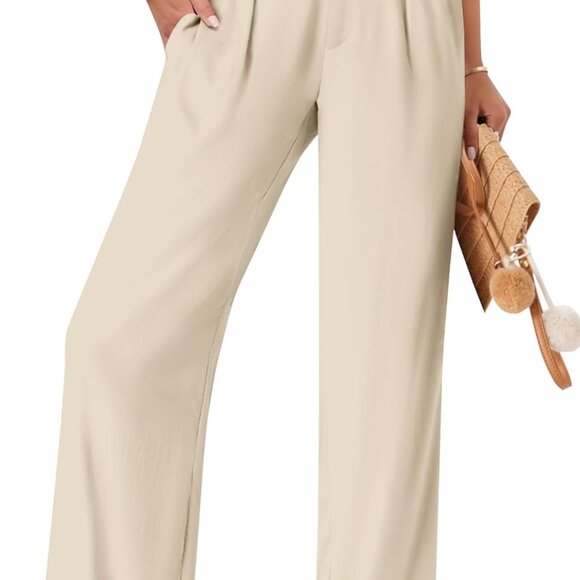 Womens Summer Linen Boho Wide Leg Casual Pants Palazzo Button High Waist Lounge - Picture 1 of 6